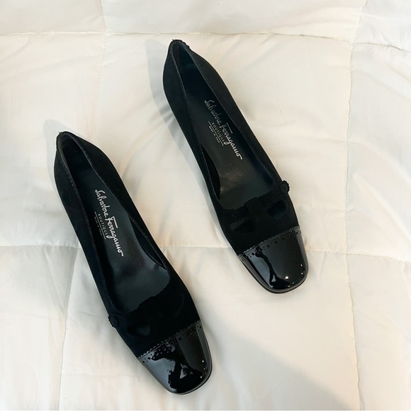 Salvatore Ferragamo Shoes - Salvatore Ferragamo Delizia Black Square Toe Suede Patent Leather Heels
